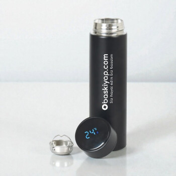 Kişiye Özel Dijital Göstergeli Süzgeçli Siyah Termos