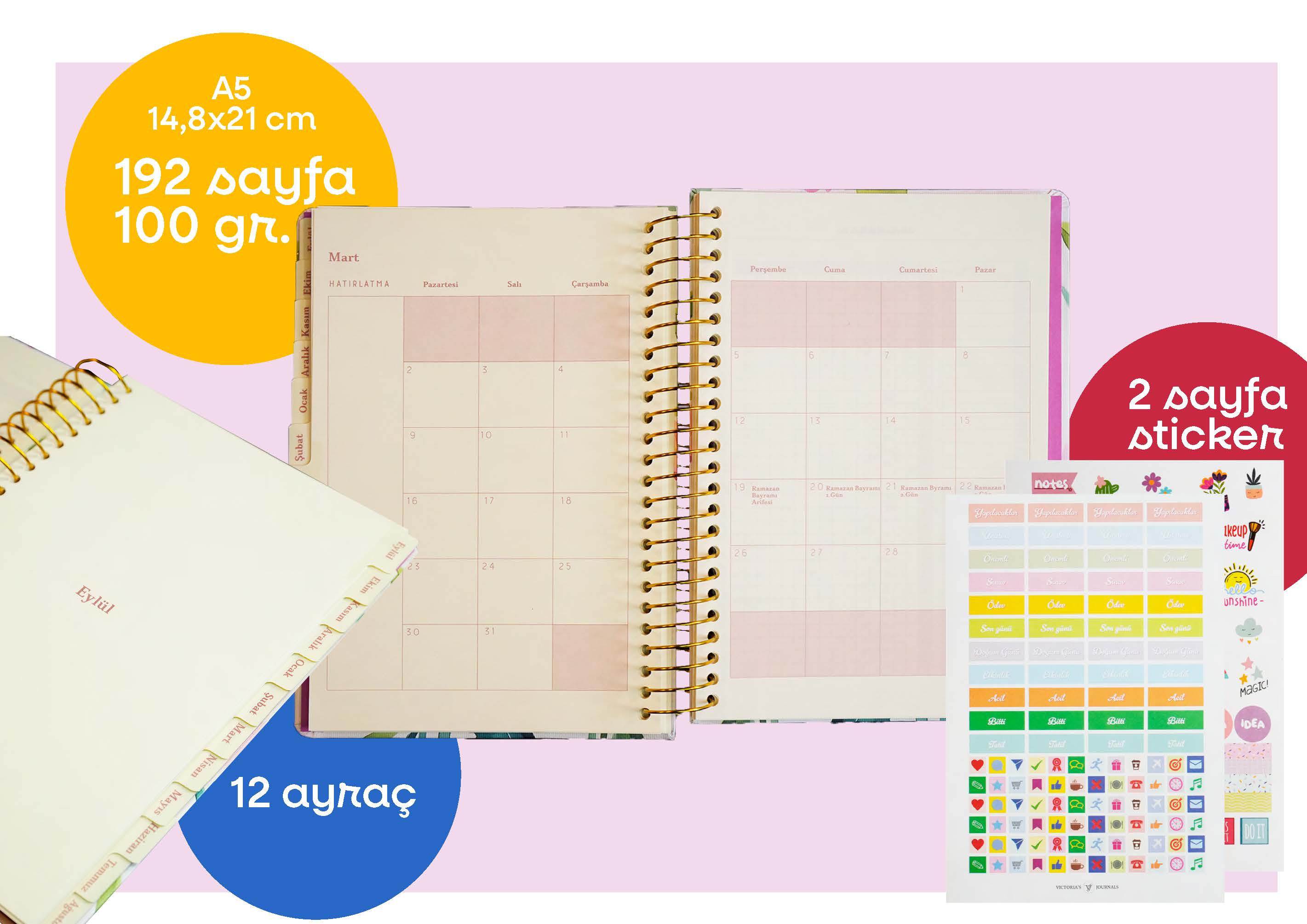 Victoria's Journals Akademik Ajanda 2025–2026  A5  Spiralli Ayraçlı Premium Moonmirror