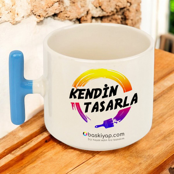 Kişiye Özel Baskılı Mavi Kulplu T Latte Fincanı - Görsel 1