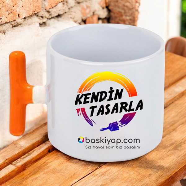 Kişiye Özel Baskılı Turuncu Kulplu T Latte Fincanı - Görsel 1