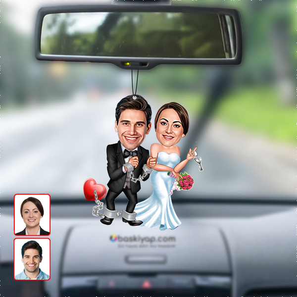 2 Li Evli Çift Karikatür Kişiye Özel Fotoğraflı Dikiz Ayna Süsü - Görsel 1