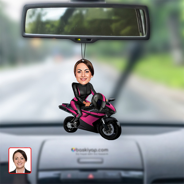 Motorcu Kadın Dikiz Ayna Süsü Kişiye Özel Fotoğraflı - Görsel 1