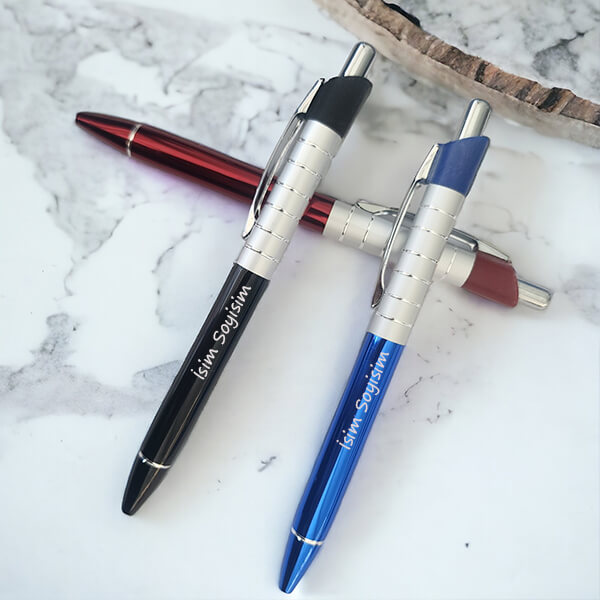 Kişiye Özel Gümüş Çizgili Metal Lazer Kazıma Tükenmez Kalem