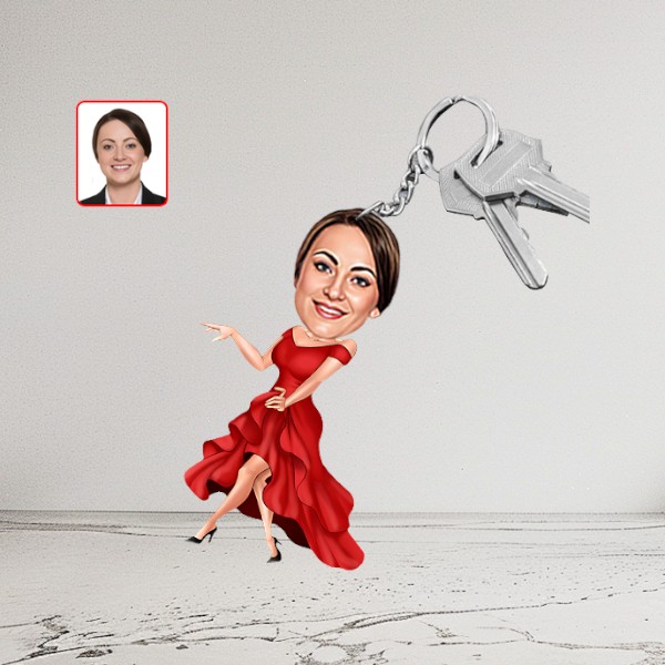 Kişiye Özel Kırmızı Elbiseli Kadın Karikatür Biblo Anahtarlık - Görsel 1