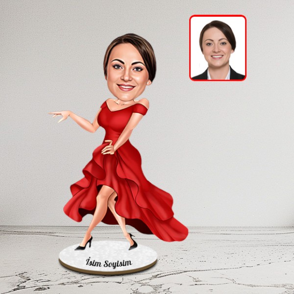 Kişiye Özel Kırmızı Elbiseli Kadın Karikatür Biblo - Görsel 1