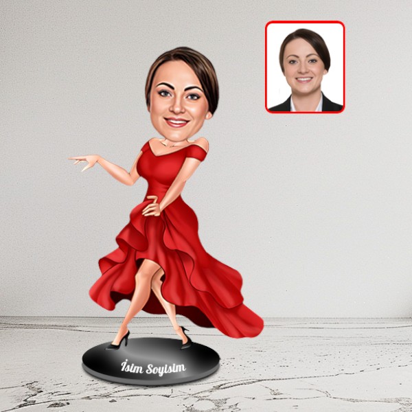 Kişiye Özel Kırmızı Elbiseli Kadın Karikatür Biblo - Görsel 2