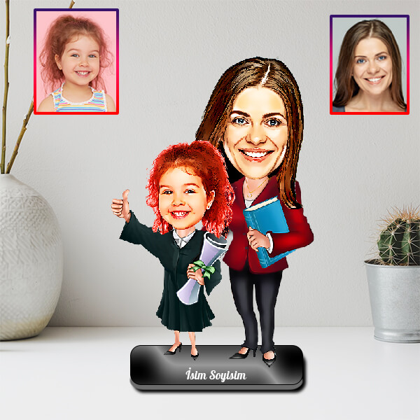 Kadın Öğretmen Kız Öğrenci Karikatürlü Biblo - Görsel 2