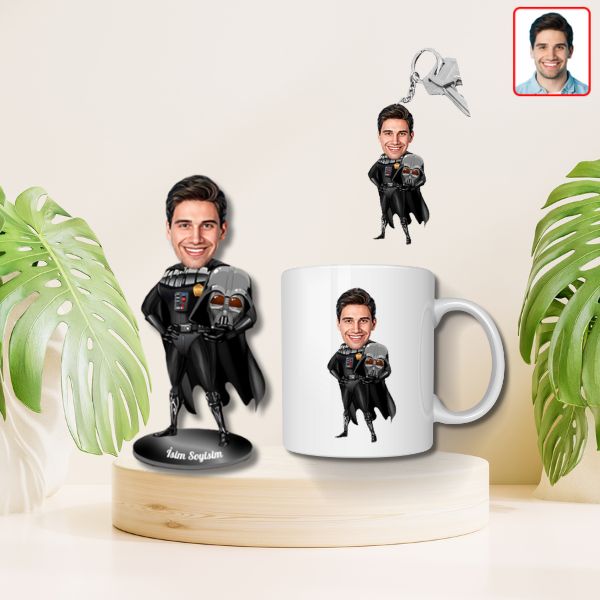 Kişiye Özel Kara Lord Karikatür Biblo Kupa Anahtarlık Set - Görsel 1