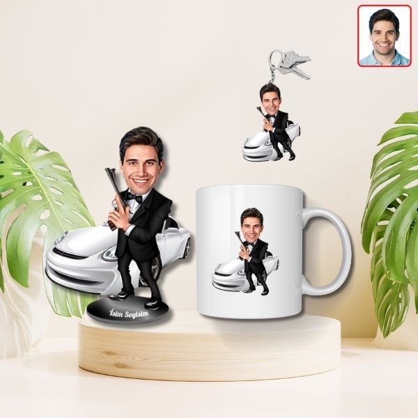 Kişiye Özel Ajan Karikatür  Biblo Kupa Anahtarlık Set - Görsel 1