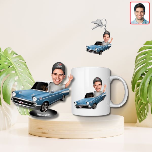 Kişiye Özel Arabalı Karikatür Biblo Kupa Anahtarlık Set - Görsel 1