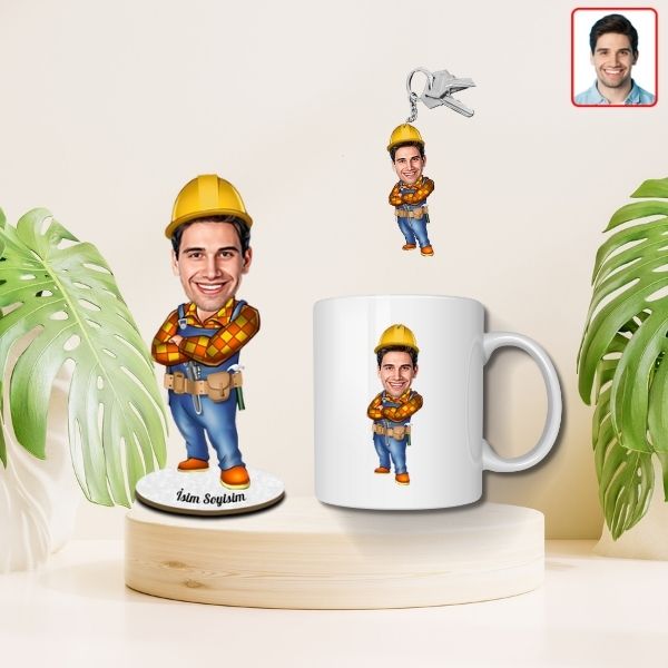 Yakışıklı Mühendis Karikatürlü Biblo Kupa Anahtarlık Set - Görsel 1