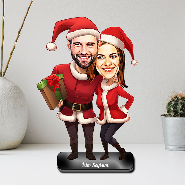 Yılbaşı Kostümlü Kadın Erkek Çift Karikatür Biblo - Görsel 2