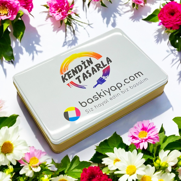 Baskılı Hediye Teneke Kutu Gold Beyaz 265X175X45 Mm görsel