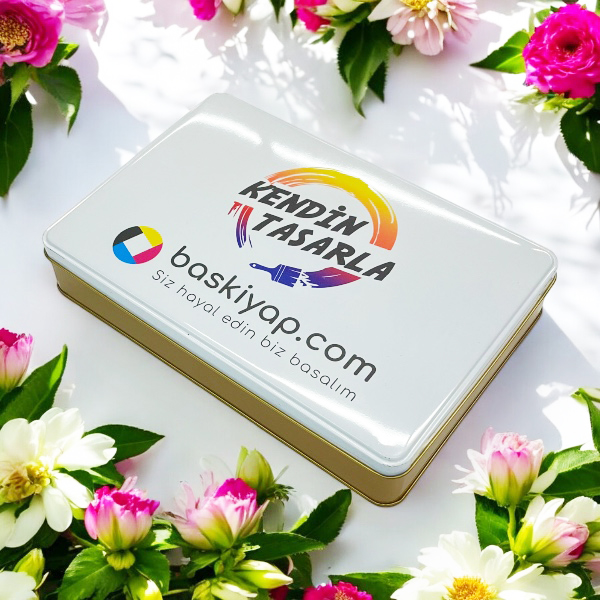 Baskılı Hediye Teneke Kutu Gold Beyaz 265X175X45 Mm görsel