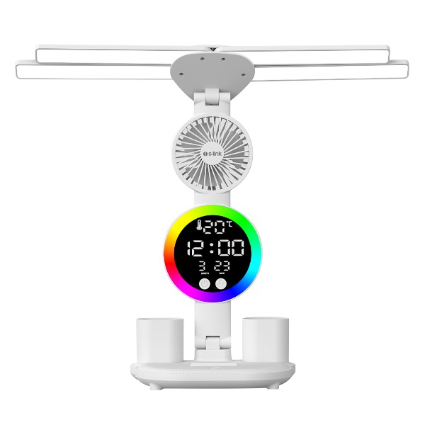 S-Link Sl-M9070 Glow Beyaz 2 Renk Dokunmatik Led Lamba Saat, Fan, Alarm, Derece Kalemlikli Masa Lamb görsel