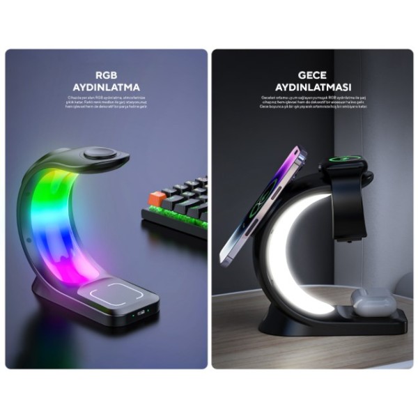 S-Link Sl-Cw20 Siyah Telefon, Saat, Kulaklık Uyumlu 15W Rgb Kablosuz Şarj Cihazı görsel