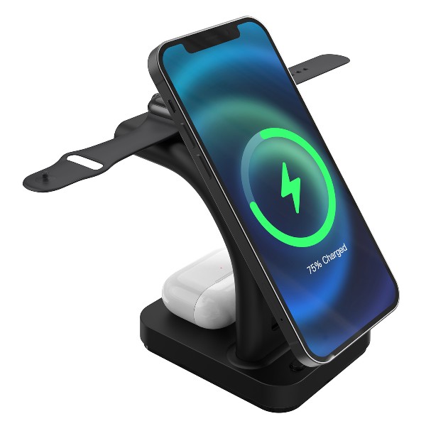 S-Link Sw-Cwf130 Siyah Telefon Kulaklık Akıllı Saat 15W 3 İn 1 Magsafe Led Logo Kablosuz Şarj Cihazı görsel