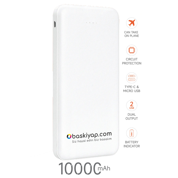Kişiye Özel Beyaz Powerbank 10.000 Mah 2X Usb Çıkışlı 1 Type-C Ve 1 Micro Girişli - Görsel 1