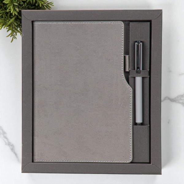 Kişiye Özel Roller Kalem Ve Termo Deri Defter Kutulu Set - Füme görsel