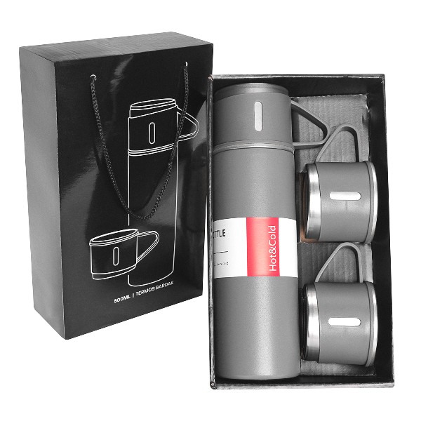Kişiye Özel Üçlü Gri Bardak Paslanmaz Çelik Termos Seti görsel