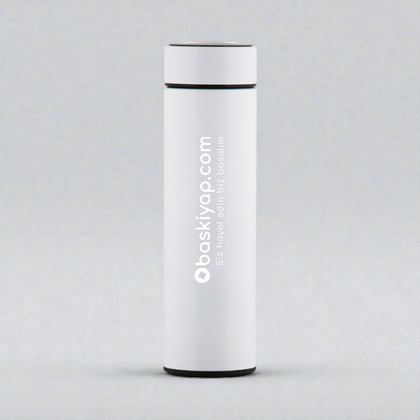 Kişiye Özel Dijital Göstergeli Süzgeçli Beyaz Termos 450Ml