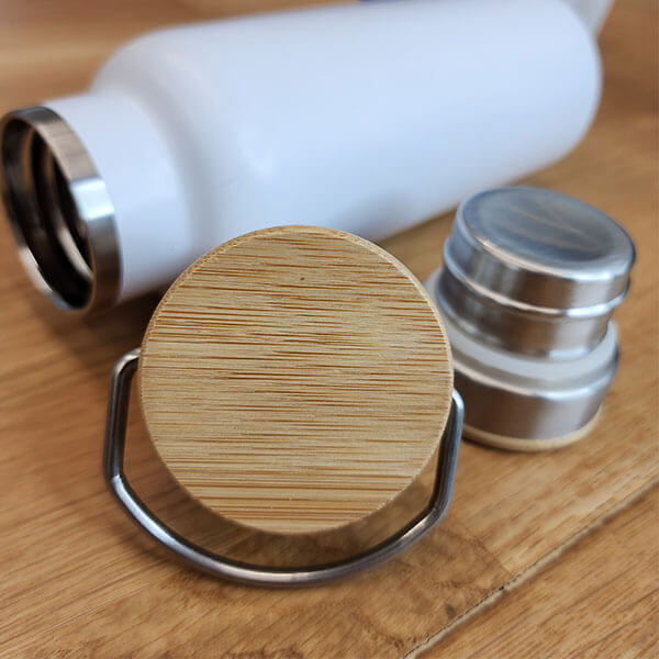 Kişiye Özel Bambu Kapak Beyaz Matara Termos görsel