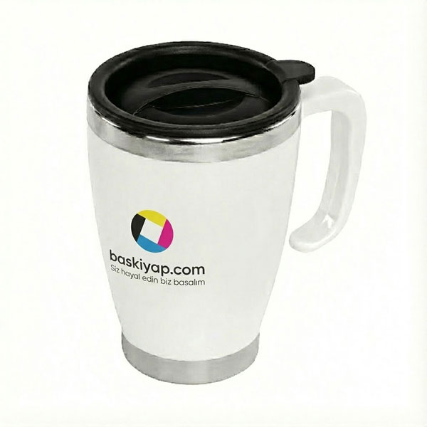 Kulplu Beyaz Paslanmaz Çelik Termos Kupa – 415 Ml görsel
