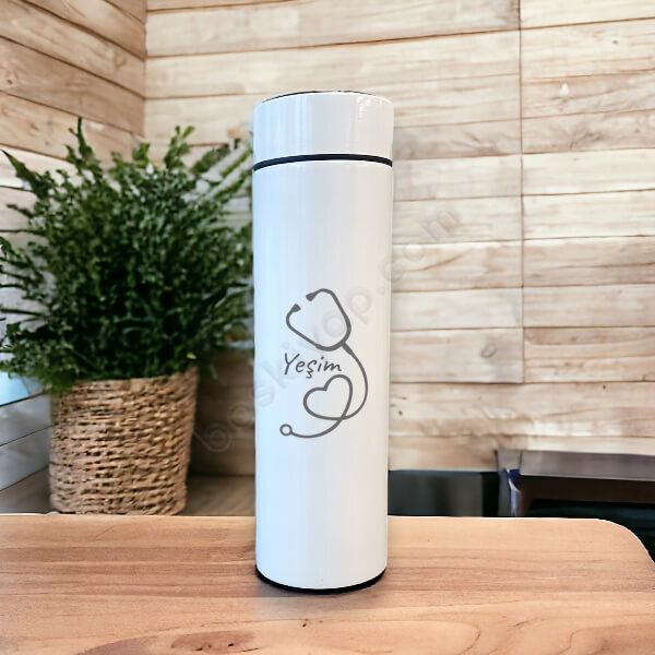 Steteskop Tasarımlı Dijital Göstergeli Beyaz Termos online tasarla