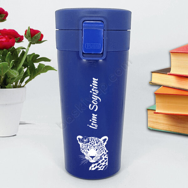 Çiçekli Kaplan Tasarımlı Mavi Çelik Termos online tasarla