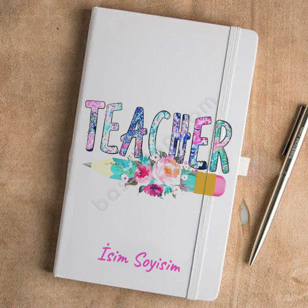 Çiçekli Kalem Teacher Tasarımlı Beyaz Ajanda online tasarla