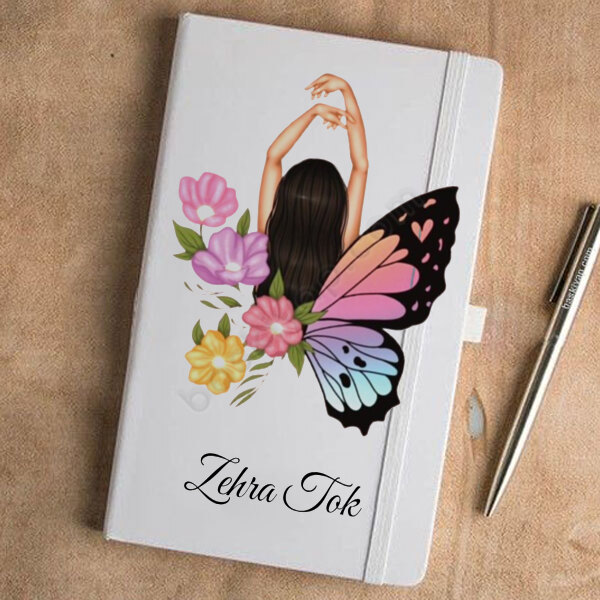 Kelebek-Kız-Çiçek Tasarımlı Beyaz Ajanda online tasarla