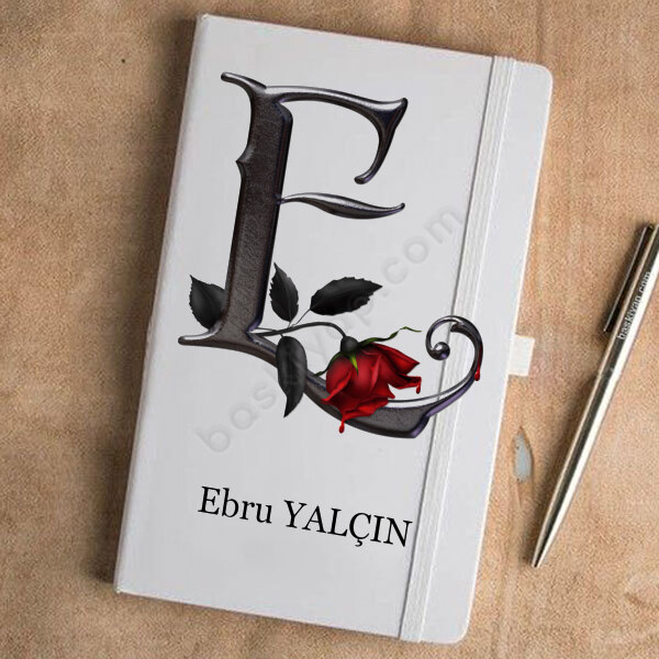 Siyah Gül E Harf Tasarımlı Beyaz Ajanda online tasarla