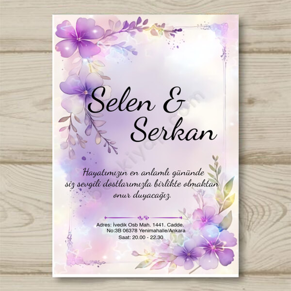Mor Çiçekli Düğün Davetiyesi Tasarımı online tasarla