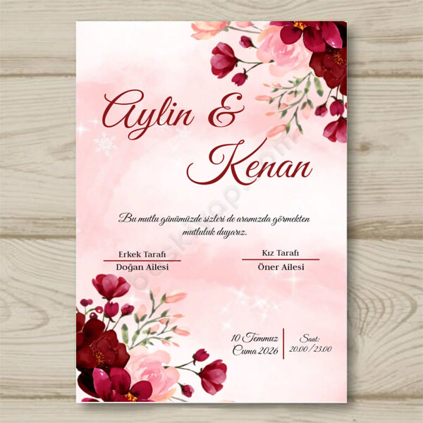 Kırmızı - Pembe Çiçekli Davetiye Modeli