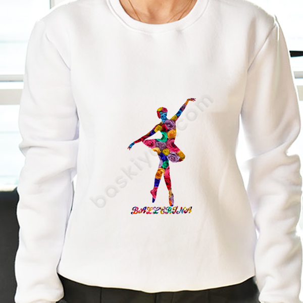 Balerin Tasarımlı Yuvarlak Yaka Beyaz Sweatshirt online tasarla