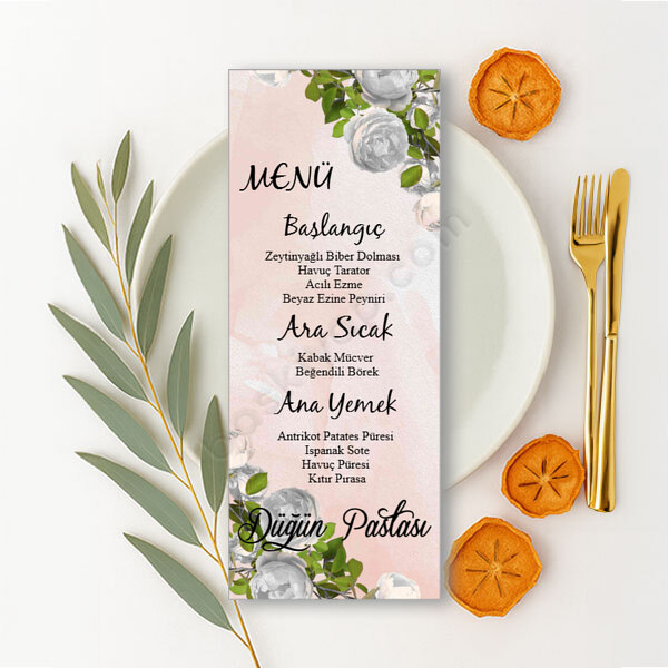 Beyaz Güllü Kişiye Özel Dikdörtgen Menü Kartı online tasarla