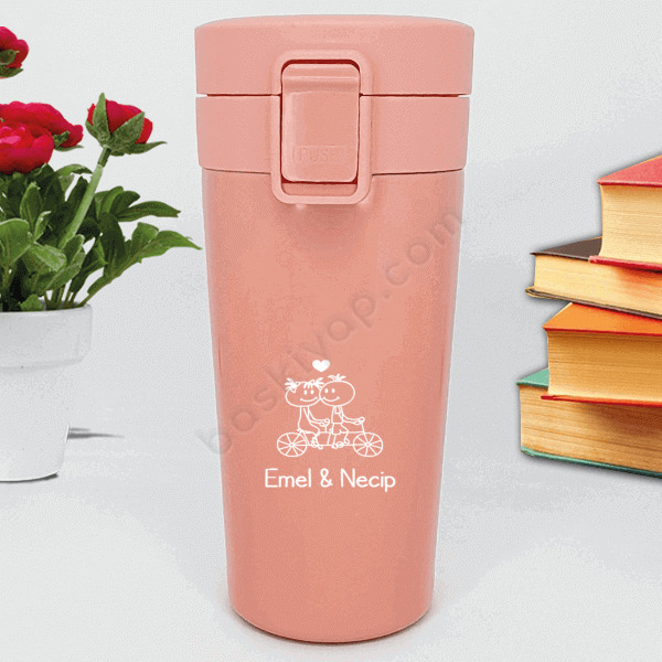 Bisikletli Sevgili Tasarım Pembe Termos online tasarla