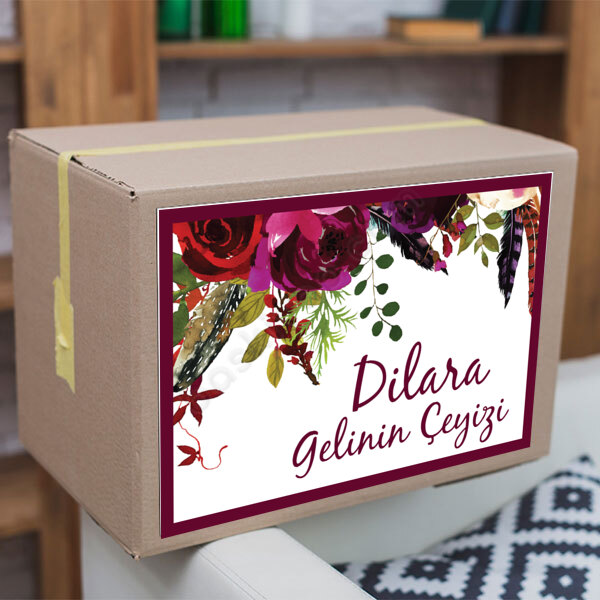 Bordo Çerçeveli Çiçekli Çeyiz Etiketi online tasarla