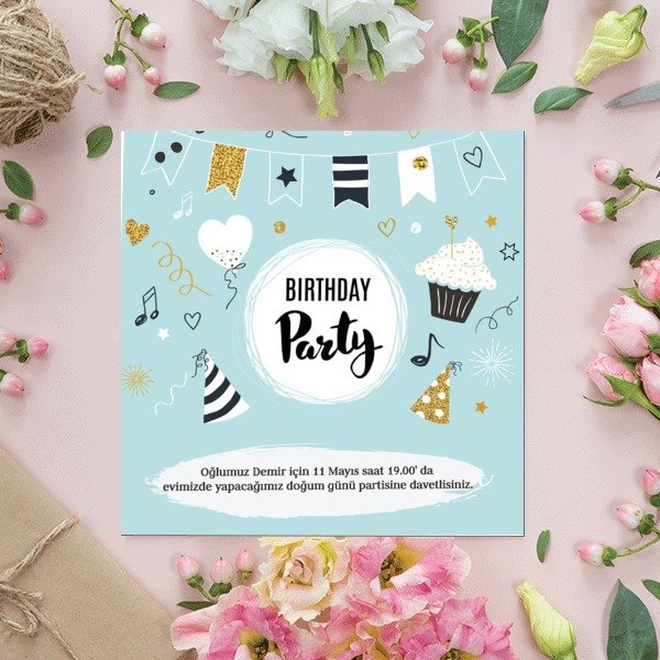 Buz Mavisi Üzerine Doğum Günü Süsleri online tasarla