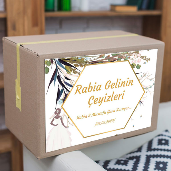 Çiçekli Gold Çerçeveli Çeyiz Etiketi online tasarla