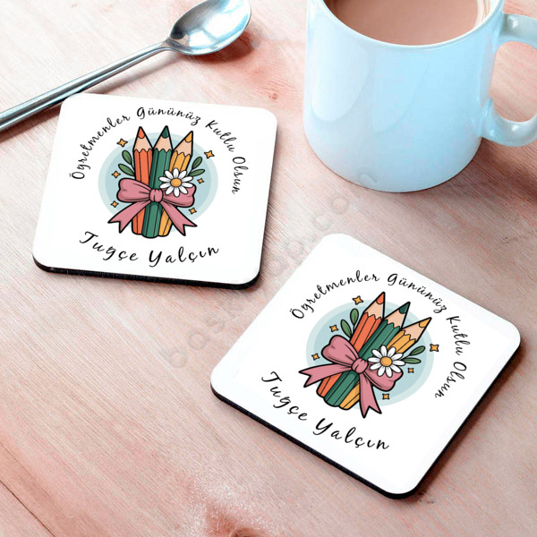 Çiçekli Kalem Tasarım Baskılı Metal Bardak Altlığı online tasarla