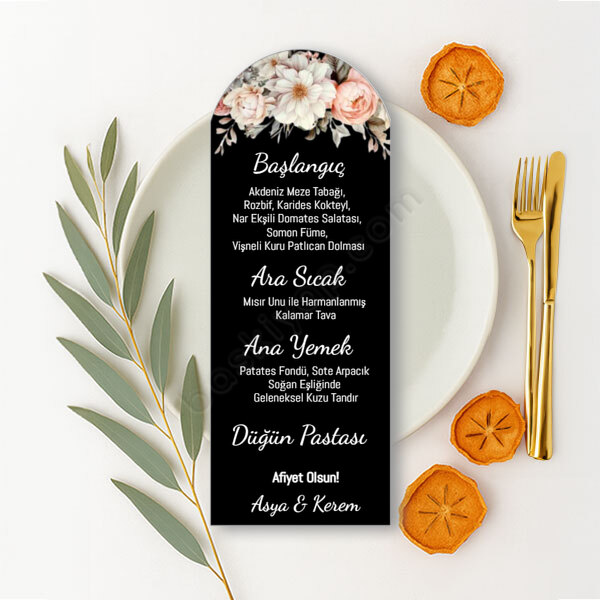 Çiçekli Siyah Kişiye Özel Oval Menü Kartı online tasarla