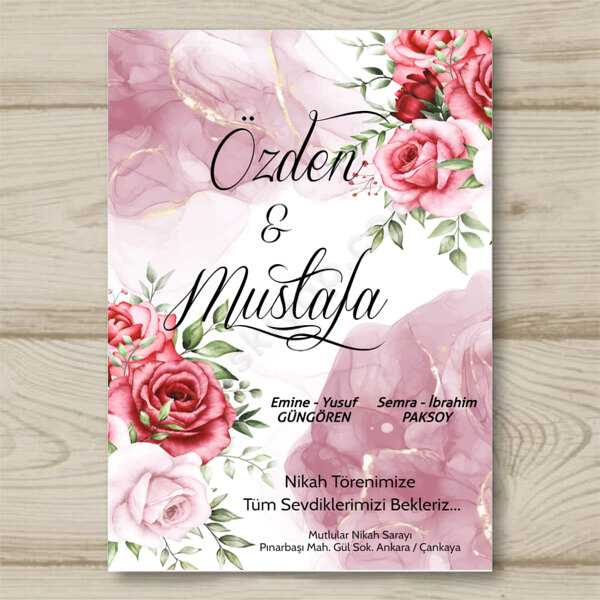 Pembe Çiçekli Düğün Davetiyesi online tasarla