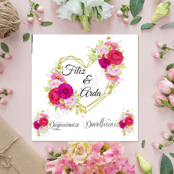 Pembe Kalp Güllü Düğün Davetiyesi online tasarla
