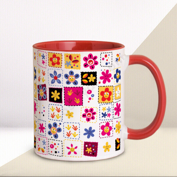 Gülen Çiçekler Baskılı Kırmızı Kupa online tasarla