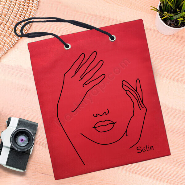 Kadın Yüzü Tasarımlı Kırmızı Bez Çanta online tasarla