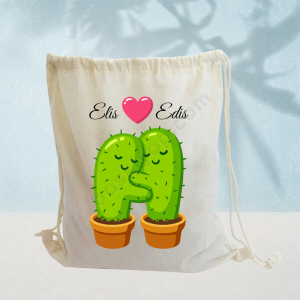 Kaktüs Baskılı İp Büzgülü Ham Bez Sırt Çantası online tasarla