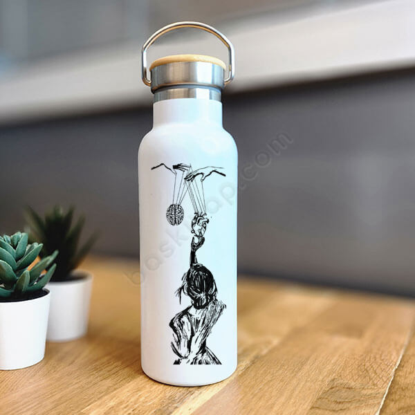 Kalp Ve Mantık Kişiye Özel Bambu Kapak Beyaz Matara Termos online tasarla