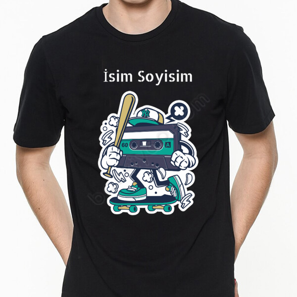 Kaset Tasarımlı Baskılı Siyah Tişört online tasarla