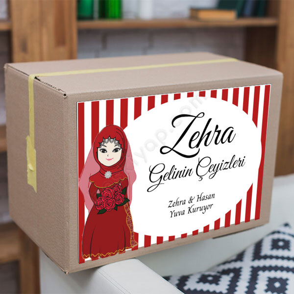 Kırmızı Çizgili Gelinli Çeyiz Etiketi online tasarla